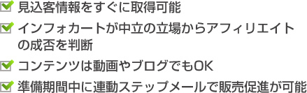 ・見込客情報をすぐに取得可能 ・インフォカートが中立の立場からアフィリエイトの成否を判断 ・コンテンツは動画やブログでもOK ・準備期間中に連動ステップメールで販売促進が可能