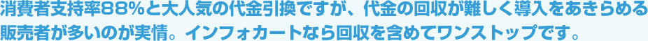 消費者支持率88%と大人気の代金引換ですが、代金の回収が難しく導入をあきらめる販売者が多いのが実情。インフォカートなら回収を含めてワンストップです。