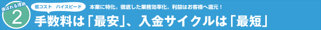 選ばれる理由2 本業に特化。徹底した業務効率化。利益はお客様へ還元! 低コスト ハイスピード 手数料は「最安」、入金サイクルは「最短」