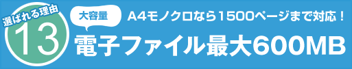 選ばれる理由13 大容量 A4モノクロなら1500ページまで対応! 電子ファイル最大600MB